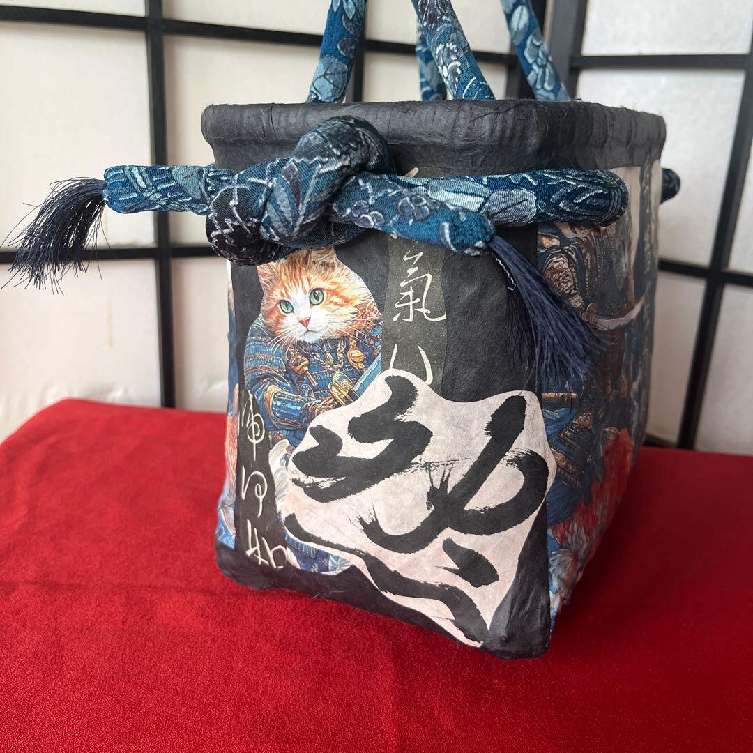 猫侍 一閑張り バッグ かごバッグ ハンドバッグ 和猫 茶トラ 中サイズ 和柄