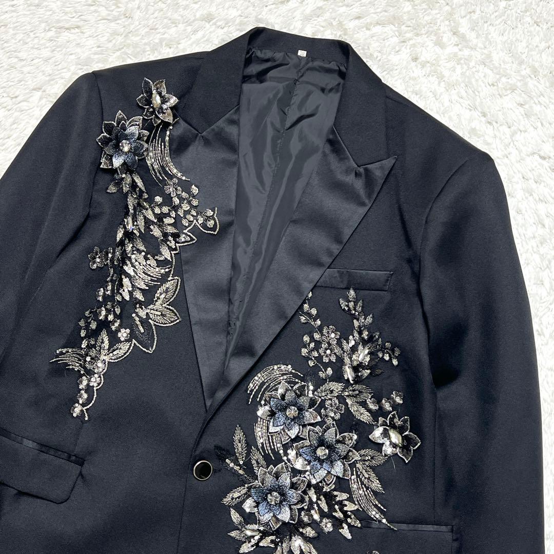 【主役級】ビジュー花柄刺繍 メンズテーラードジャケット XXL ステージ衣装 黒