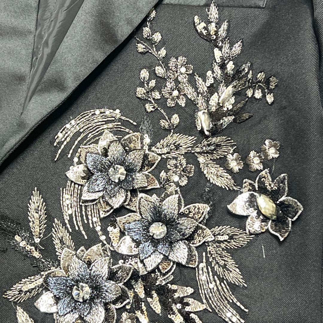 【主役級】ビジュー花柄刺繍 メンズテーラードジャケット XXL ステージ衣装 黒