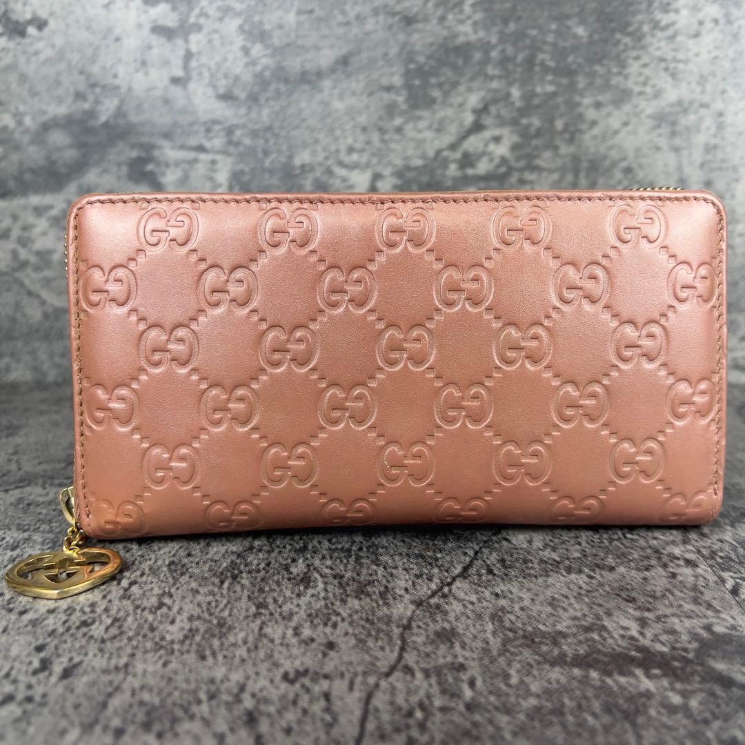 GUCCI ラブリーハート チャーム GG柄 ラウンド長財布 ピンク レザー