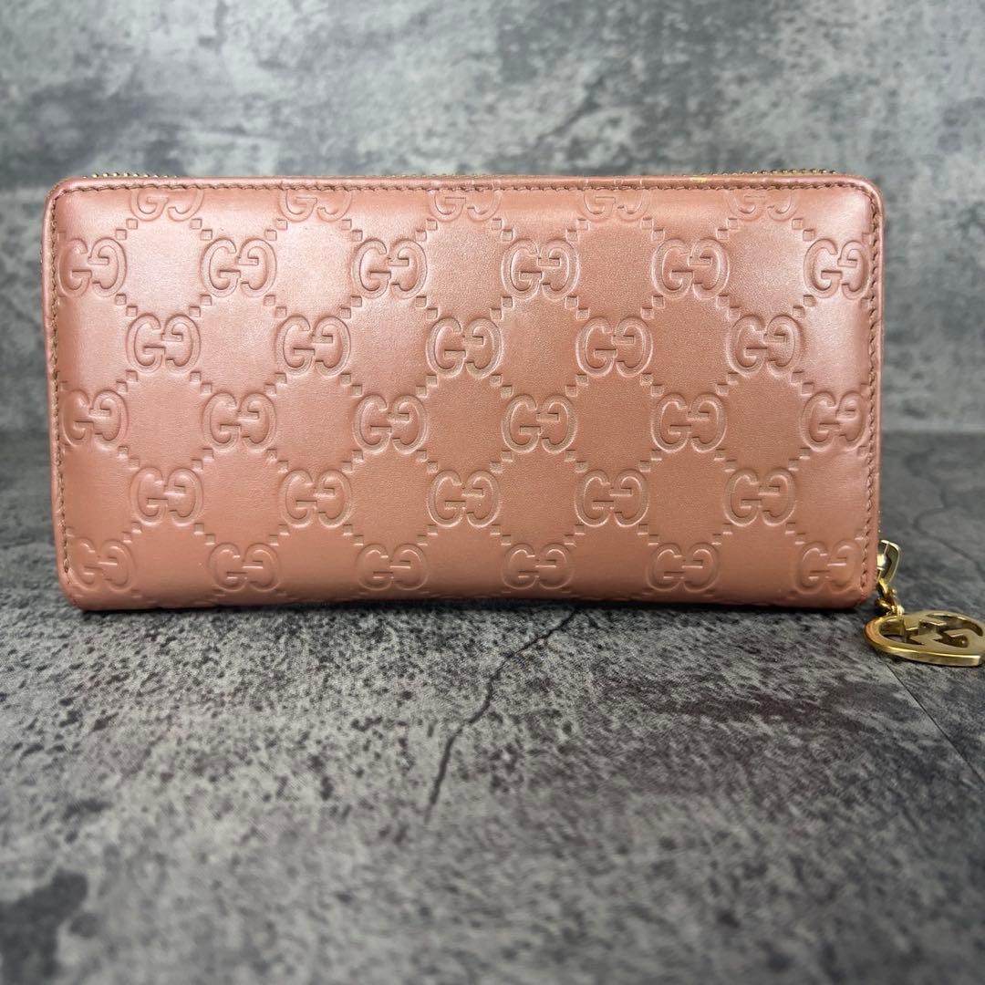 GUCCI ラブリーハート チャーム GG柄 ラウンド長財布 ピンク レザー
