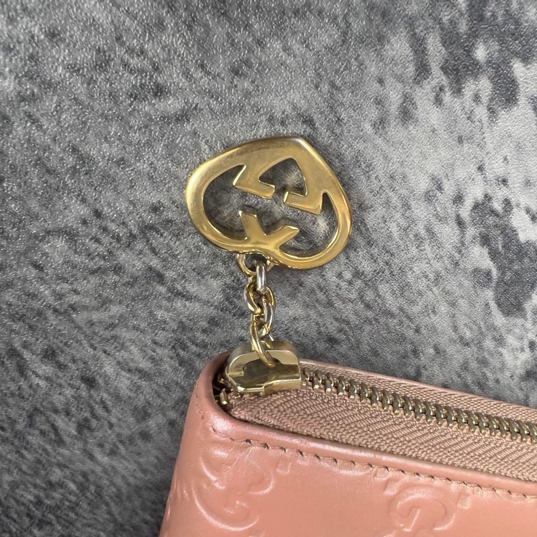 GUCCI ラブリーハート チャーム GG柄 ラウンド長財布 ピンク レザー