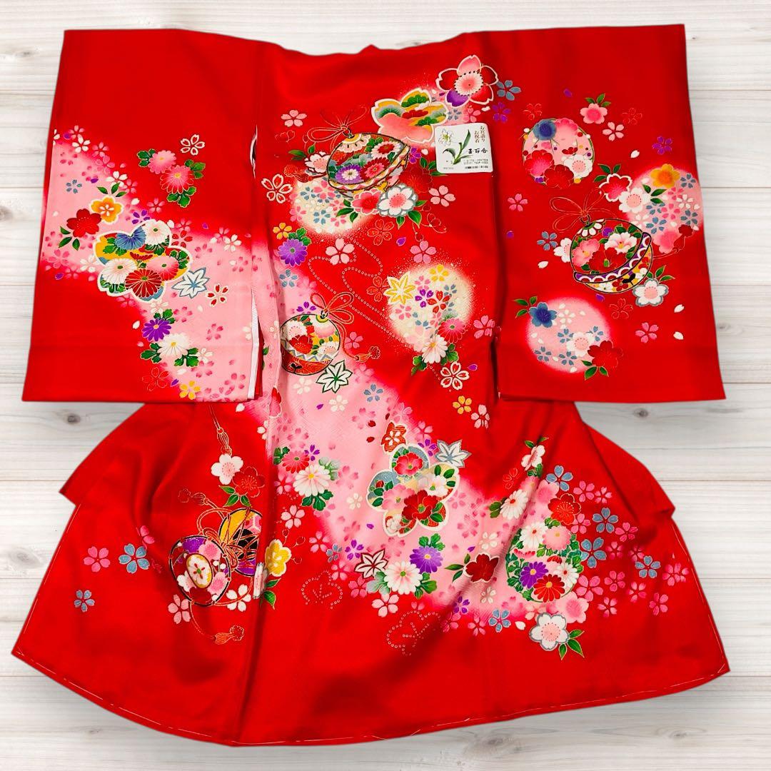 熨斗目　女児お宮参り着物　掛け着 着物と長襦袢セット　赤系　正絹