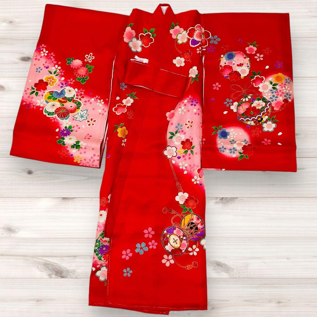 熨斗目　女児お宮参り着物　掛け着 着物と長襦袢セット　赤系　正絹