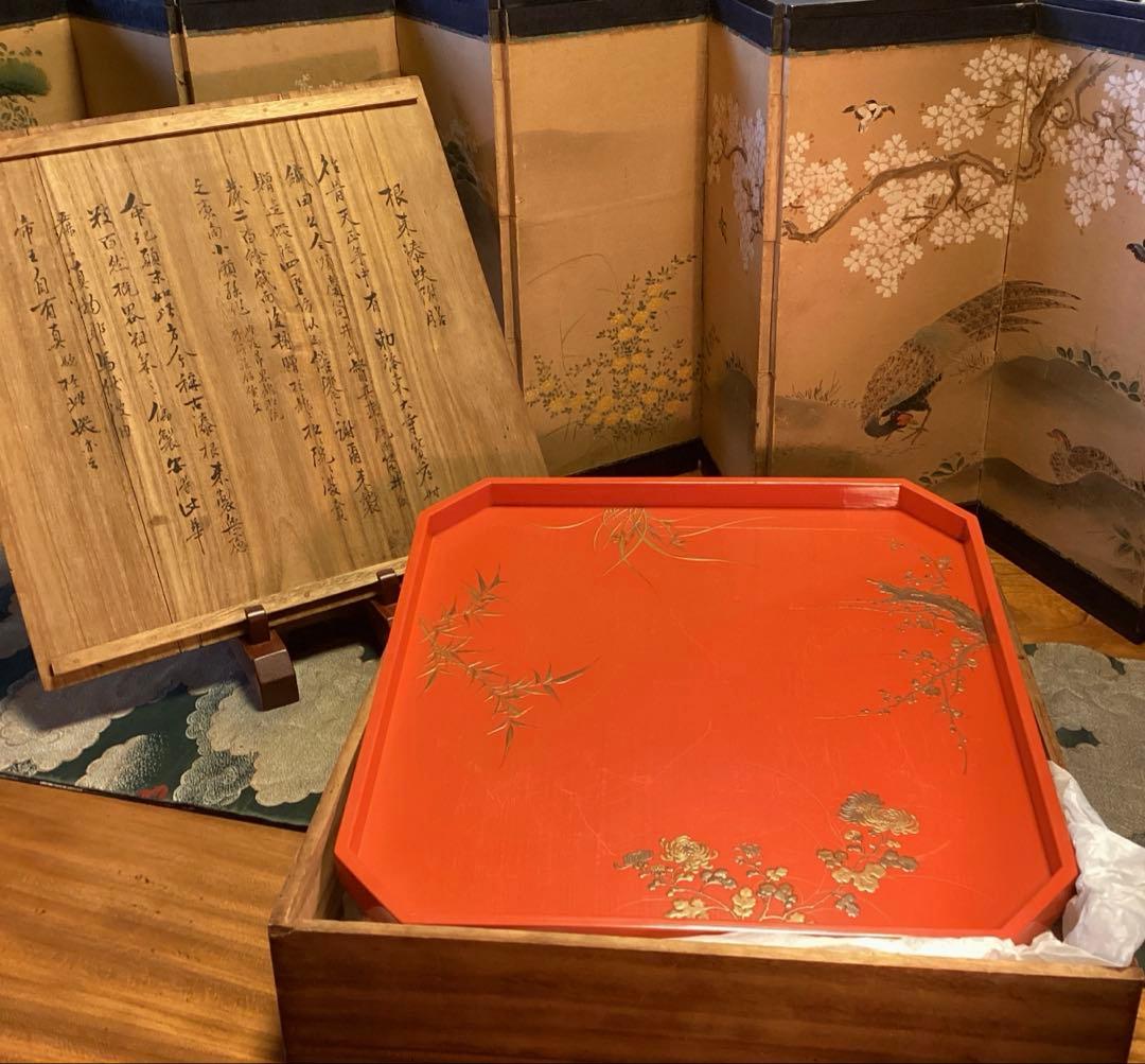 A3014 木製盆　根來　皆朱　隅切　四君子蒔絵　盆　１枚エガ❣️