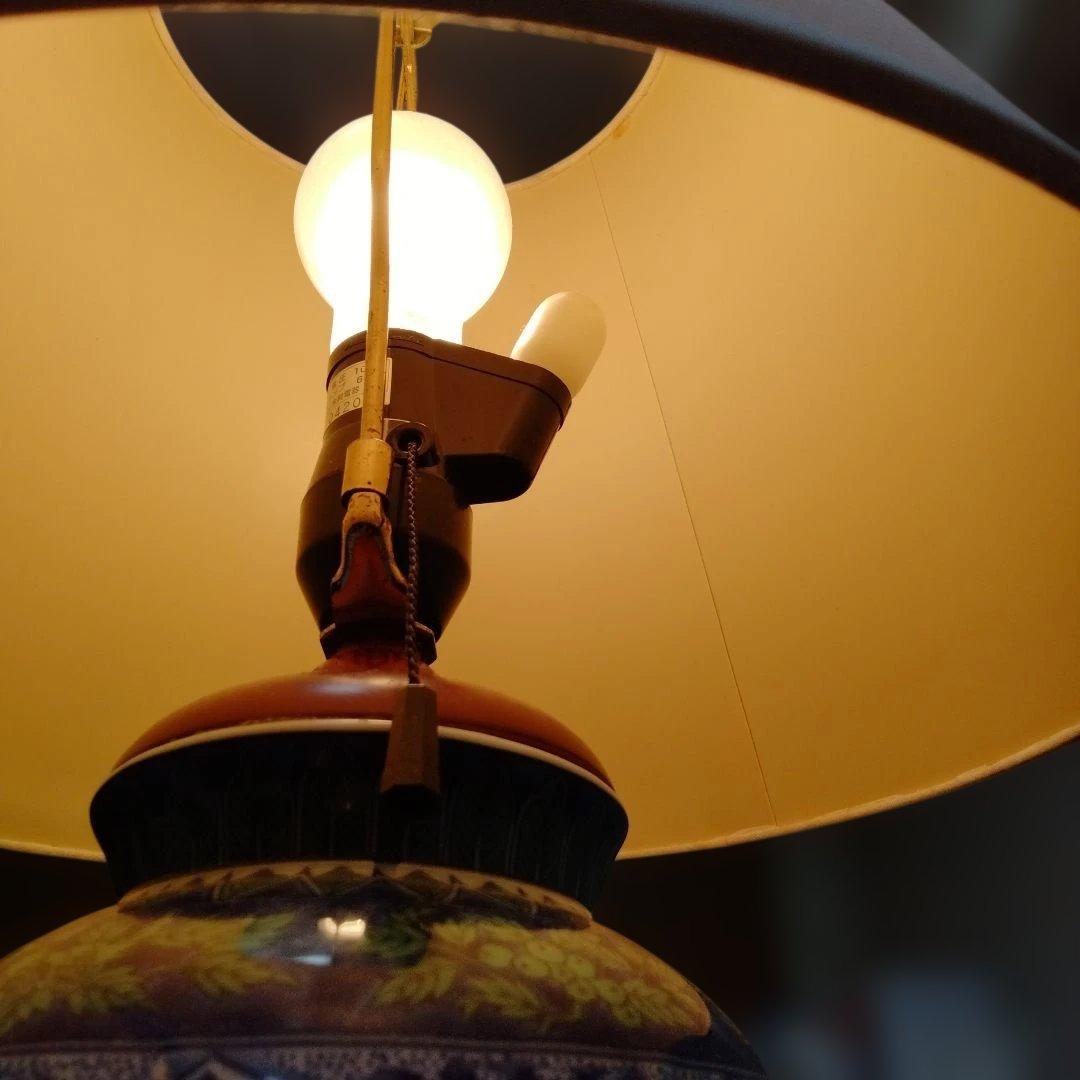 電気スタンド ランプ 照明 電球 ライト 大型 陶器 木製 青華緑彩 花柄