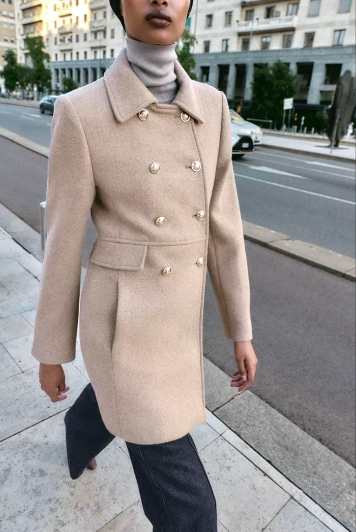 【ZARA】ザラ L ウール混紡 ショート丈ダブルブレストコート ライトミンク