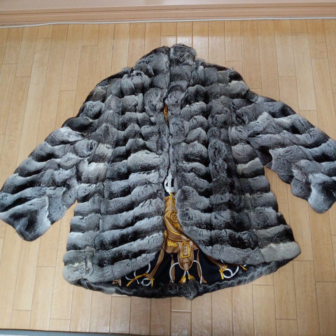 チンチラグレー毛皮コート ストライプ柄 バルーンスリーブ