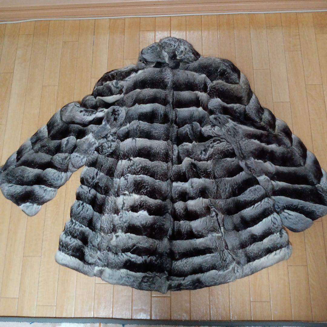 チンチラグレー毛皮コート ストライプ柄 バルーンスリーブ