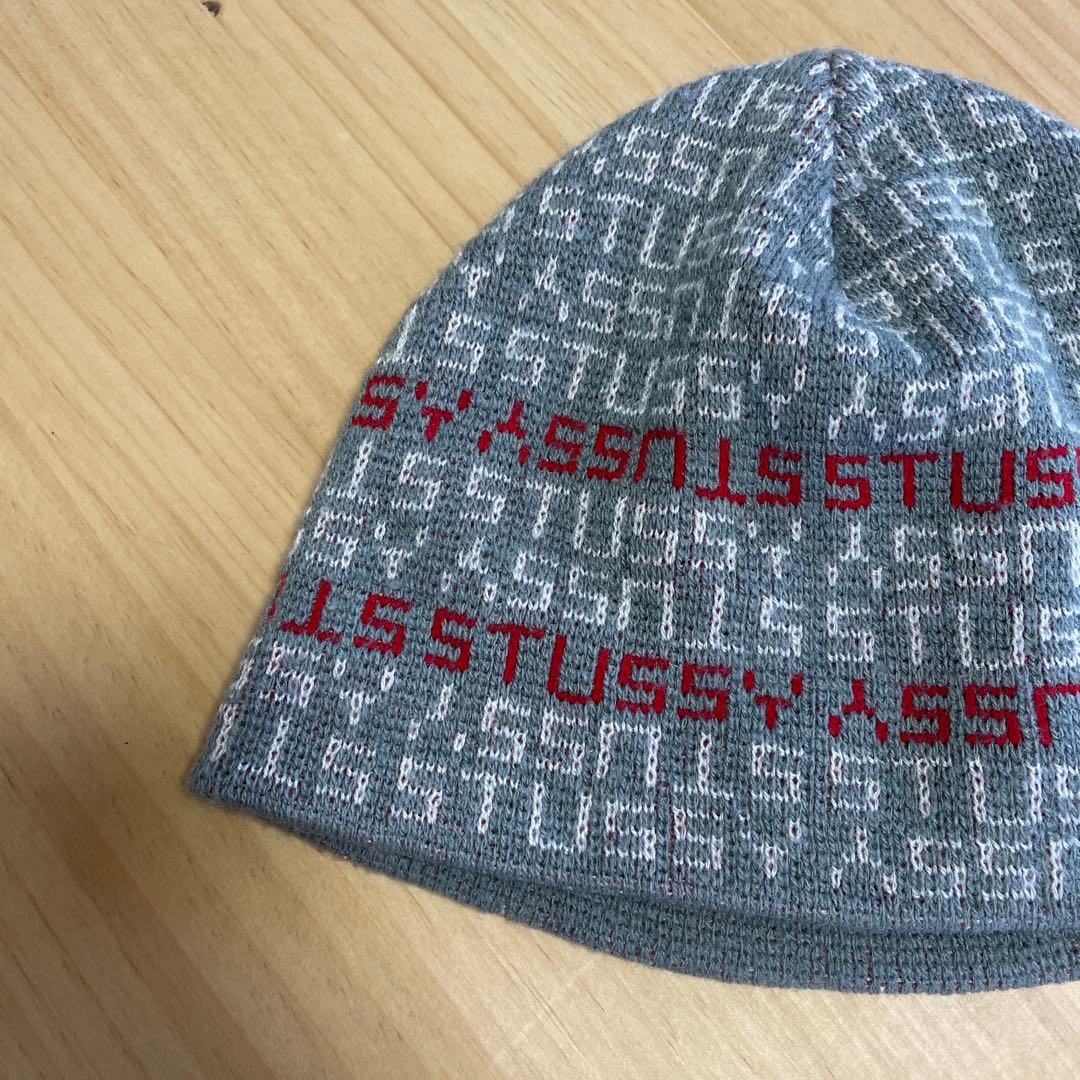[美品]90s STUSSY モノグラムビーニー ニット帽 アメリカ製 gray