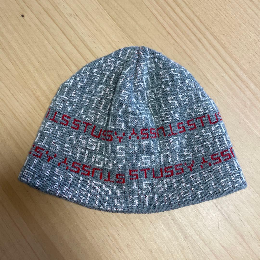 [美品]90s STUSSY モノグラムビーニー ニット帽 アメリカ製 gray
