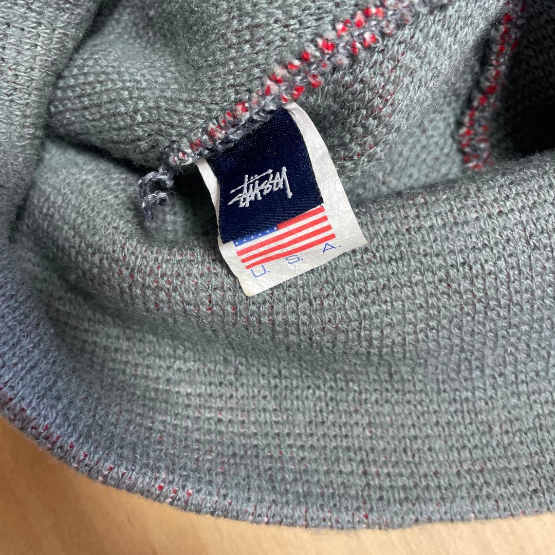 [美品]90s STUSSY モノグラムビーニー ニット帽 アメリカ製 gray