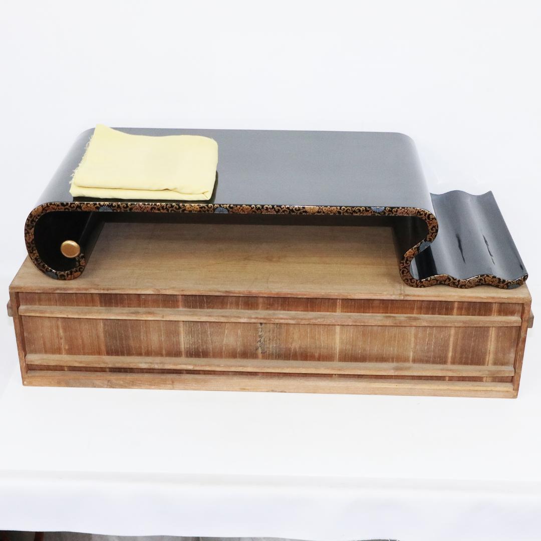 金蒔絵 黒塗 巻足 波足 花台 平卓 飾台 香炉 盆栽 木製 梨地 共箱