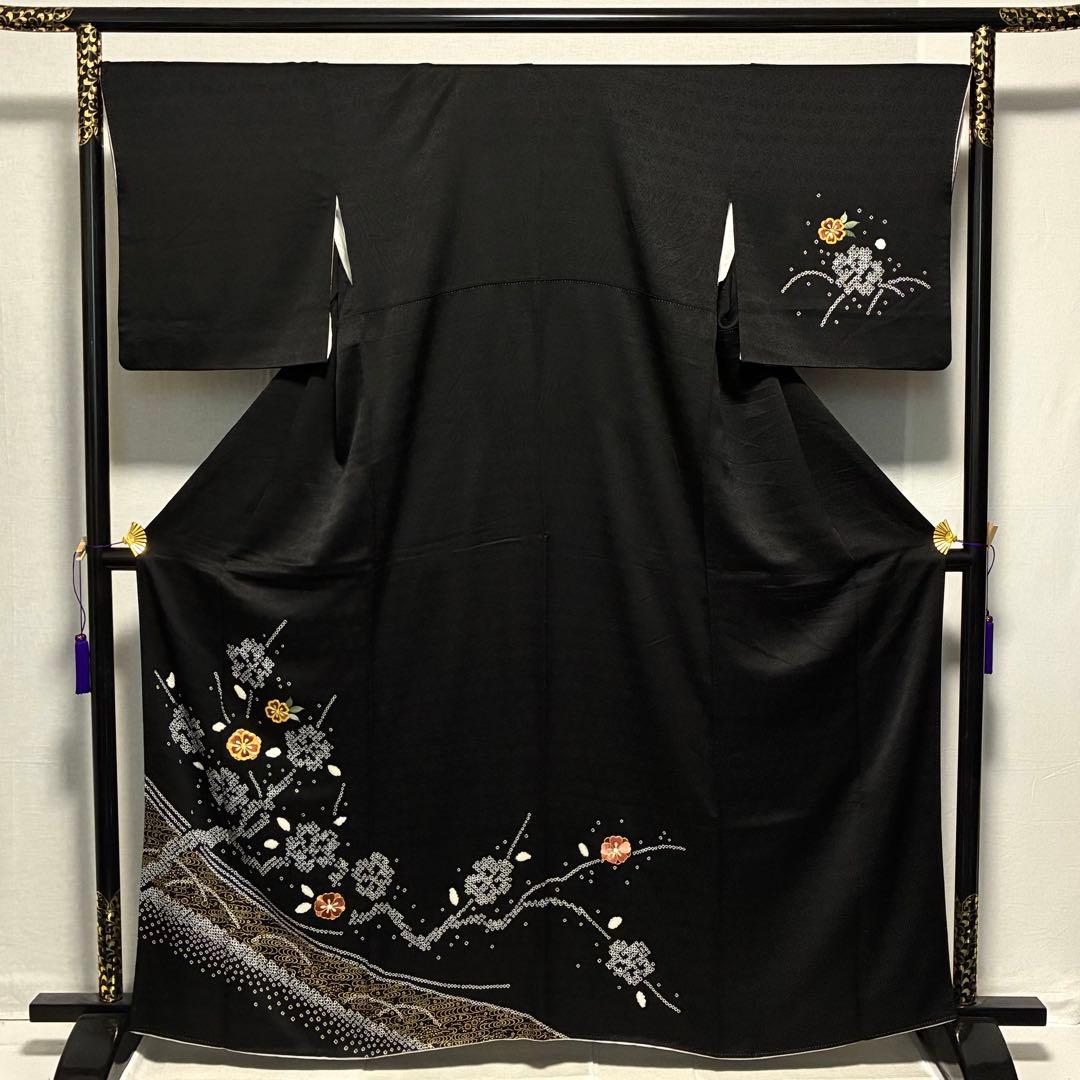 D142 訪問着　絞り　桜刺繍　枝垂れ桜　黒地　正絹　着物　袷　美品