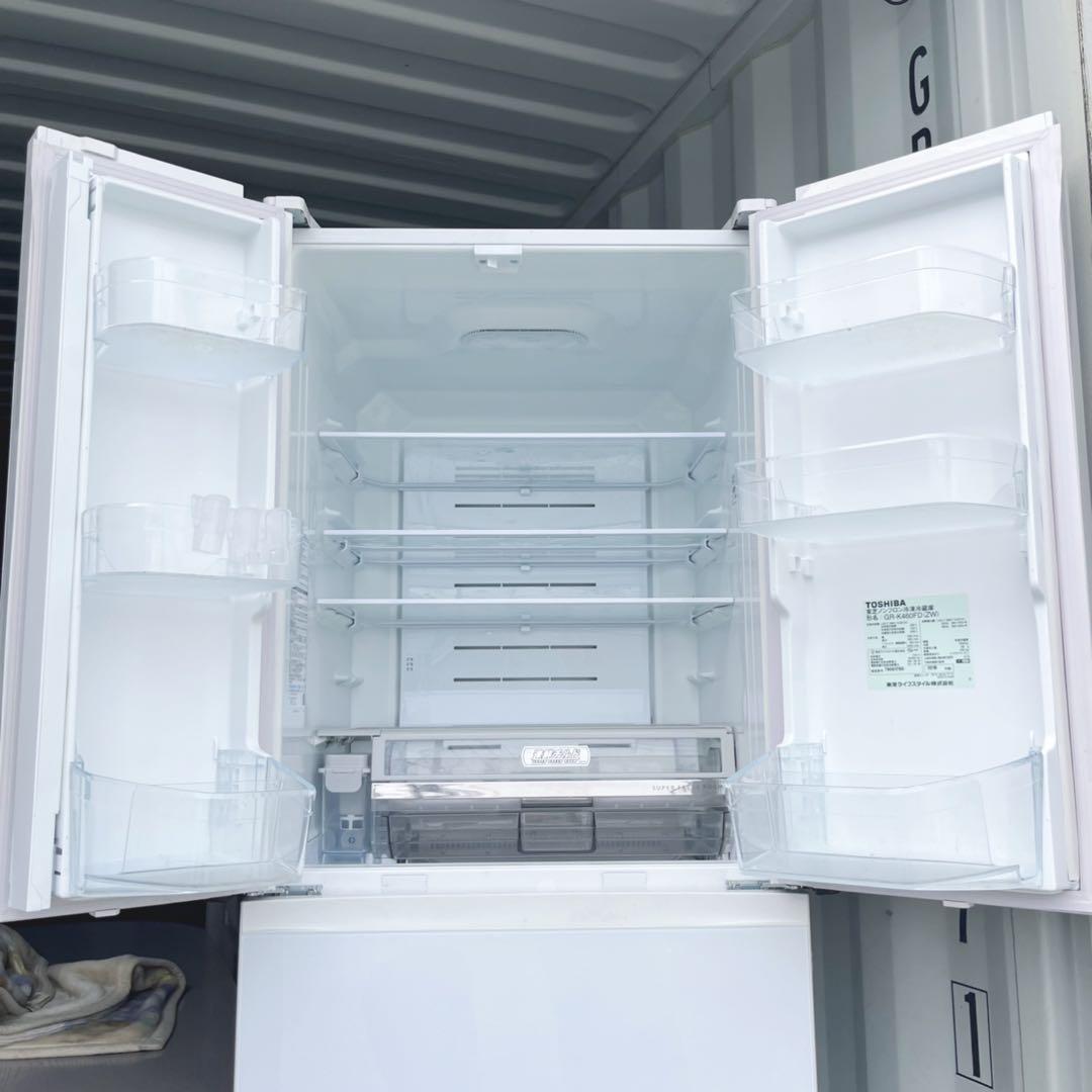 取付無料！東芝ベジータ真ん中野菜室 クリスタルホワイト6ドア冷蔵庫！洗濯機