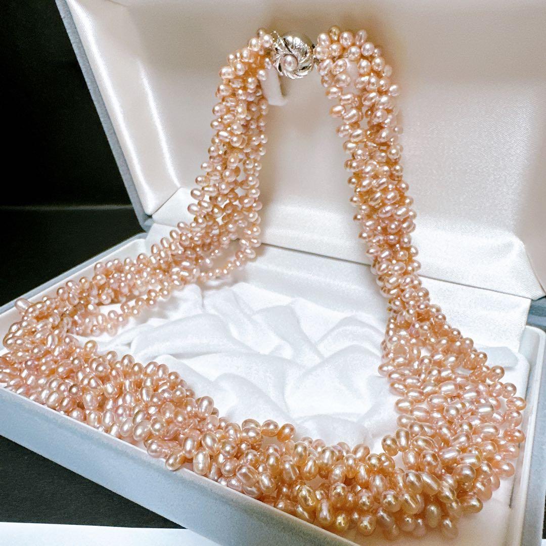 華やか 本真珠 パール 多連 ネックレス SILVER刻印 ピンク