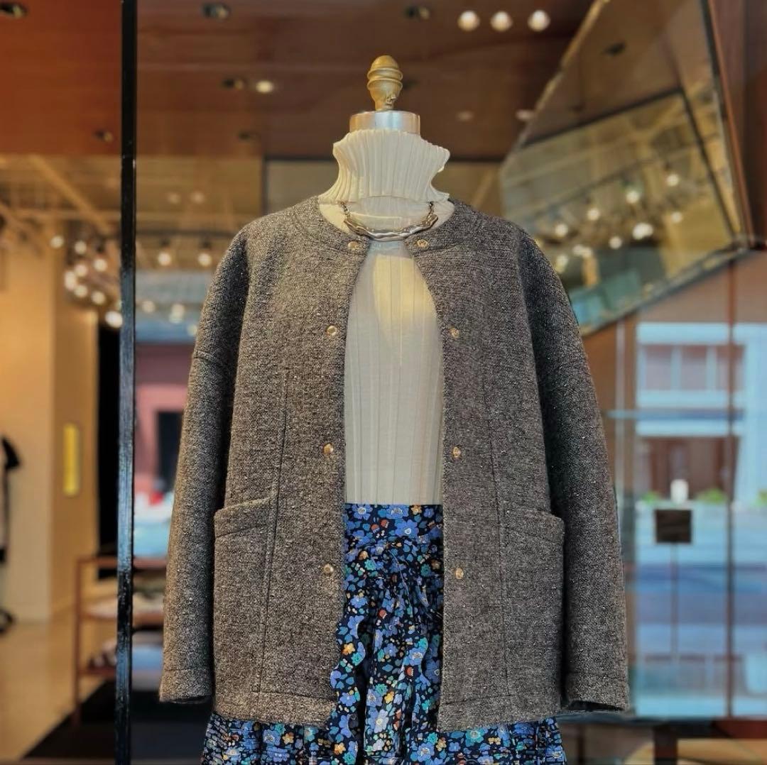 ⭐︎Drawer ラメ　ノーカラージャケット グレー36 カーディガン　ドゥロワー