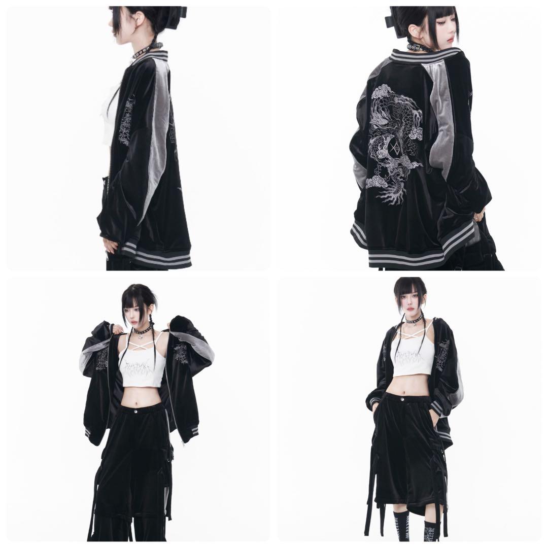 美品 REFLEM レフレム ドラゴン刺繍 ベロア スカジャン 黒 FREE