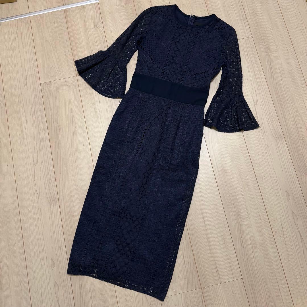 新品ラグナムーン フレアスリーブ 総レース ワンピース ネイビー S エルケイ