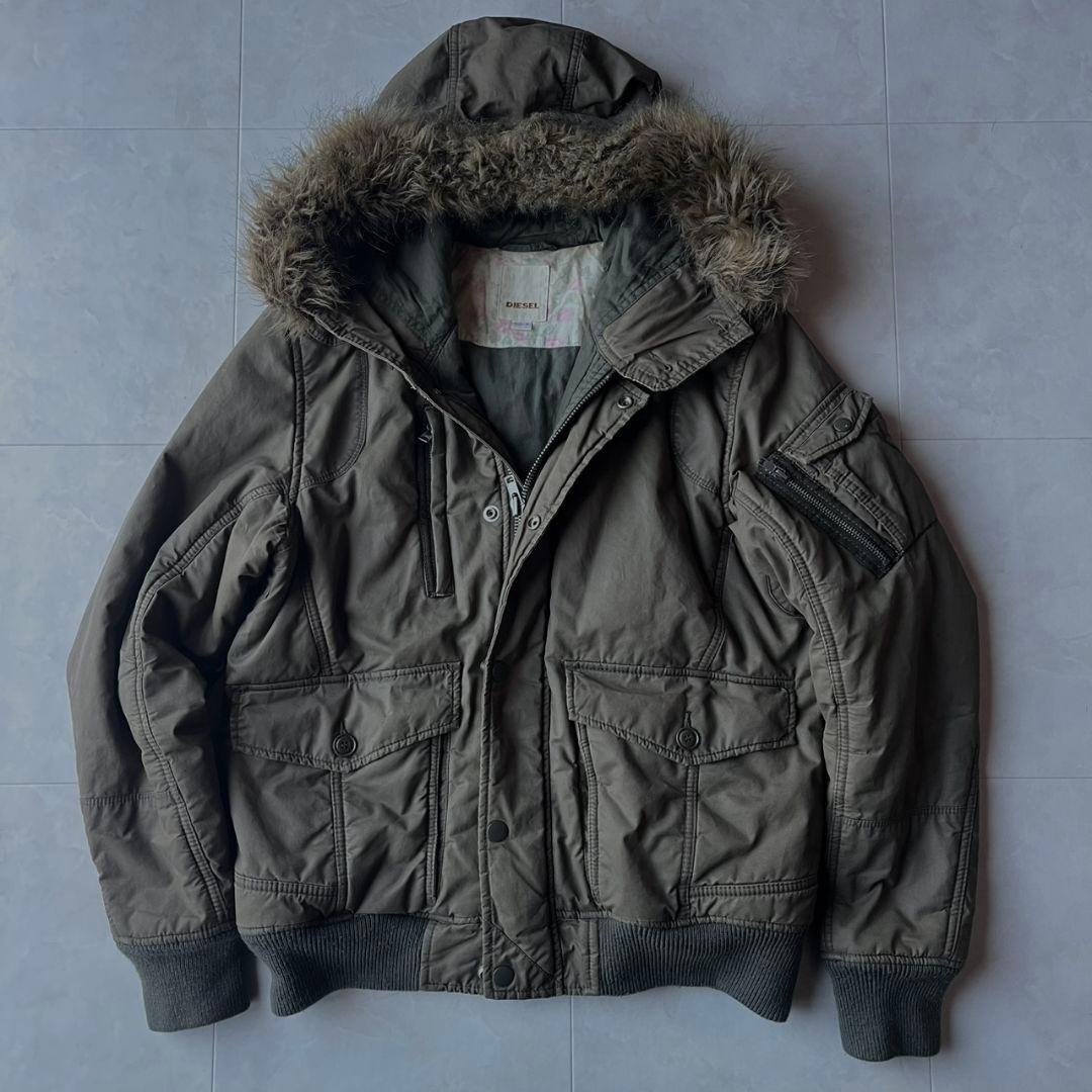 DIESEL 2way中綿フードファー ボンバー M カーキ フライトジャケット