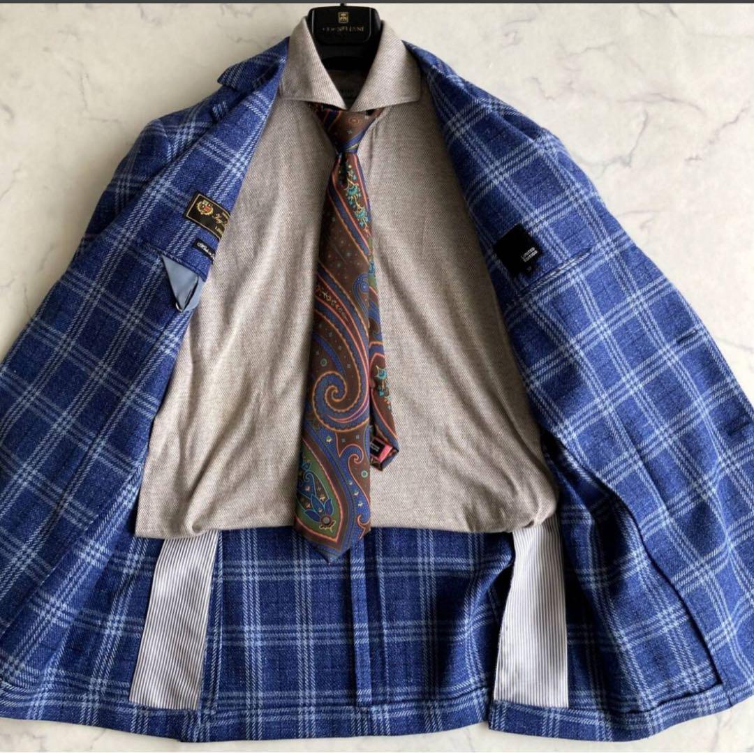 【限定】ロロピアーナ　ブルーネイビー ウィンドウペン ジャケット　シルク　リネン