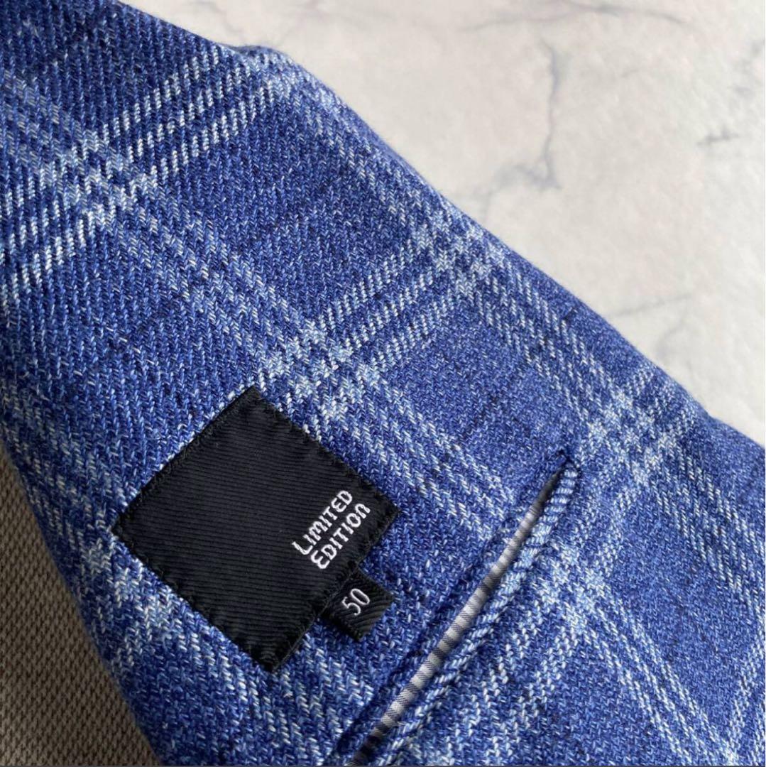 【限定】ロロピアーナ　ブルーネイビー ウィンドウペン ジャケット　シルク　リネン