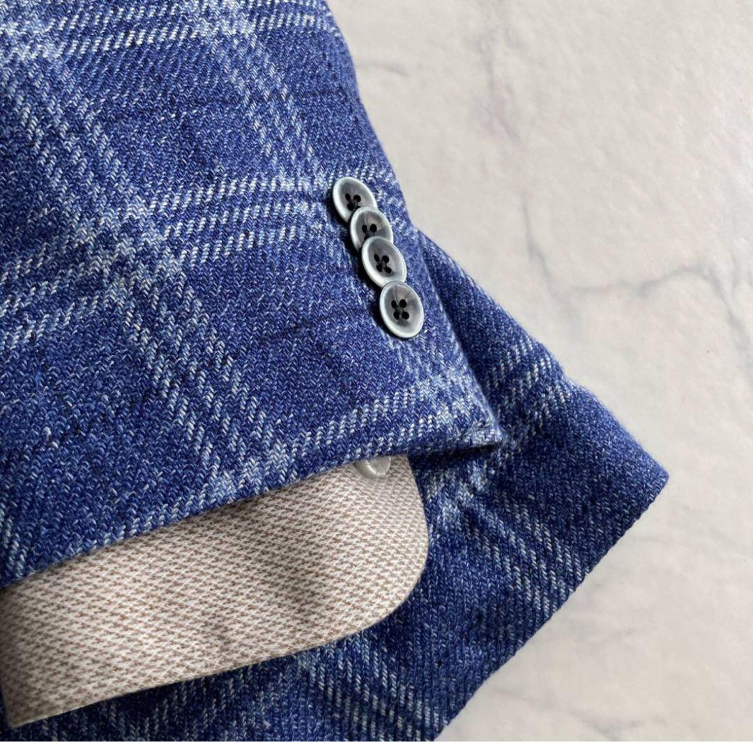 【限定】ロロピアーナ　ブルーネイビー ウィンドウペン ジャケット　シルク　リネン