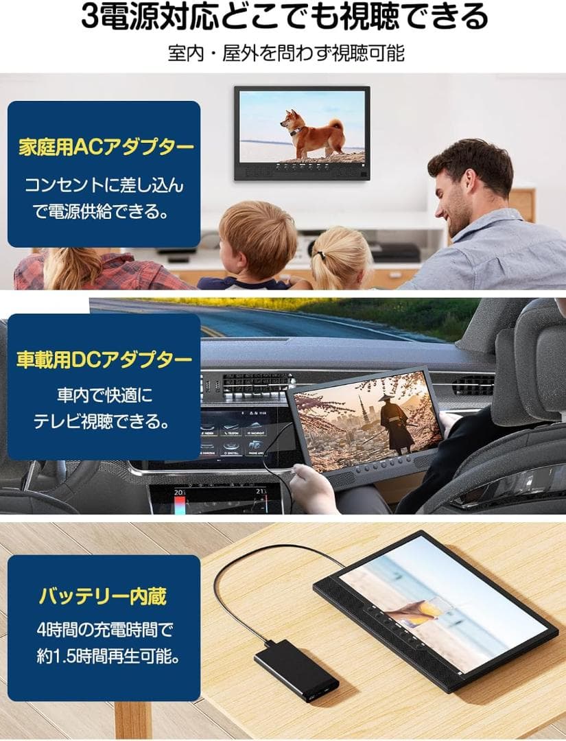ポータブルテレビ 14.1型 HDMI USB録画機能 AC DC バッテリー