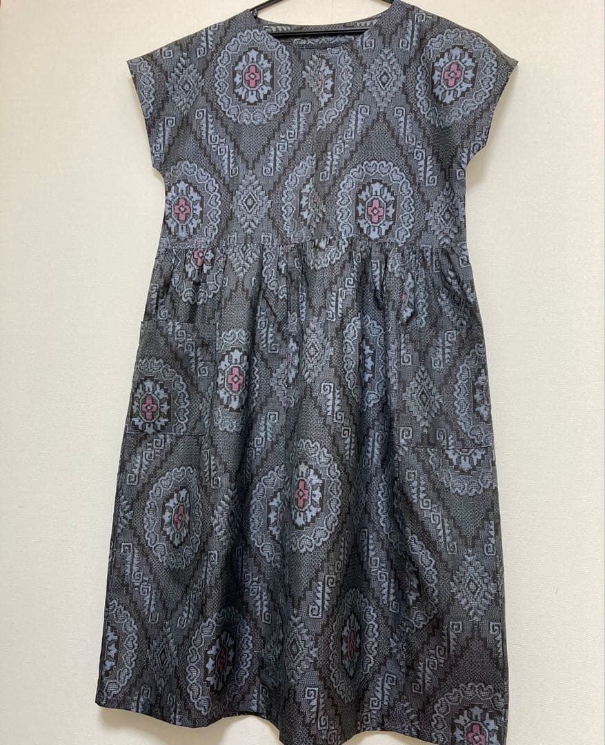 ハンドメイド　大島紬　着物からのリメイク　フレンチスリーブワンピース