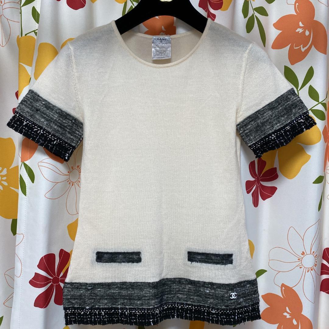 CHANEL 薄手ツイード切替 カシミヤニット カットソー 38