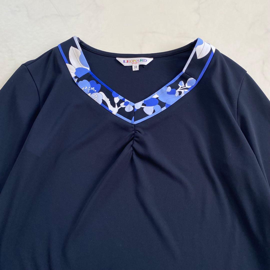 美品★LEONARD レオナール 7分袖チュニック 花柄 ネイビー 38