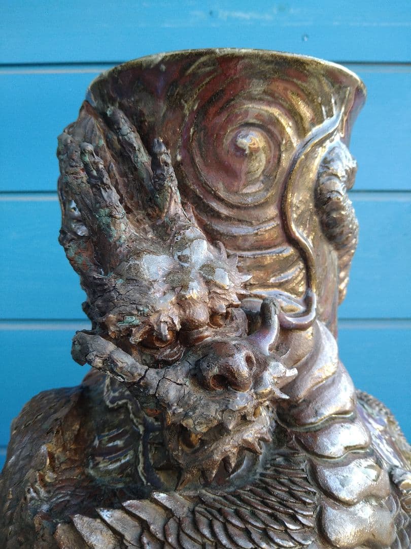 唐津焼巻龍塑型大花器A25、焼物の龍花瓶、骨董品、アンティーク、