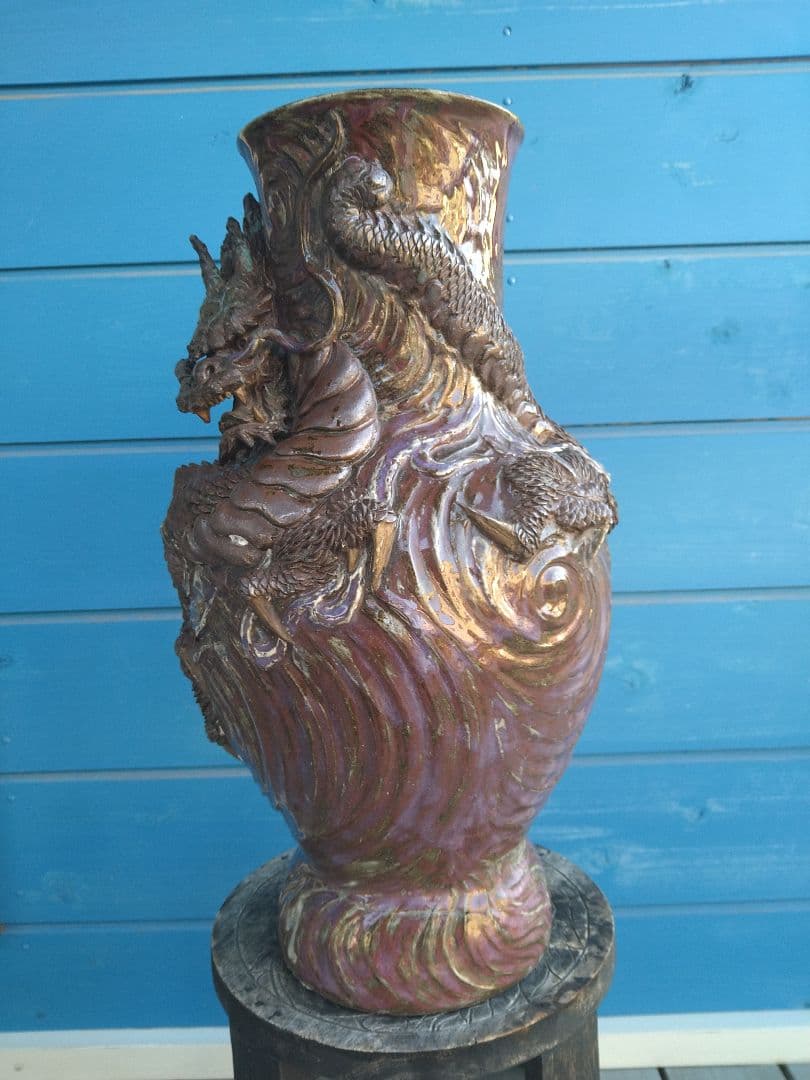 唐津焼巻龍塑型大花器A25、焼物の龍花瓶、骨董品、アンティーク、