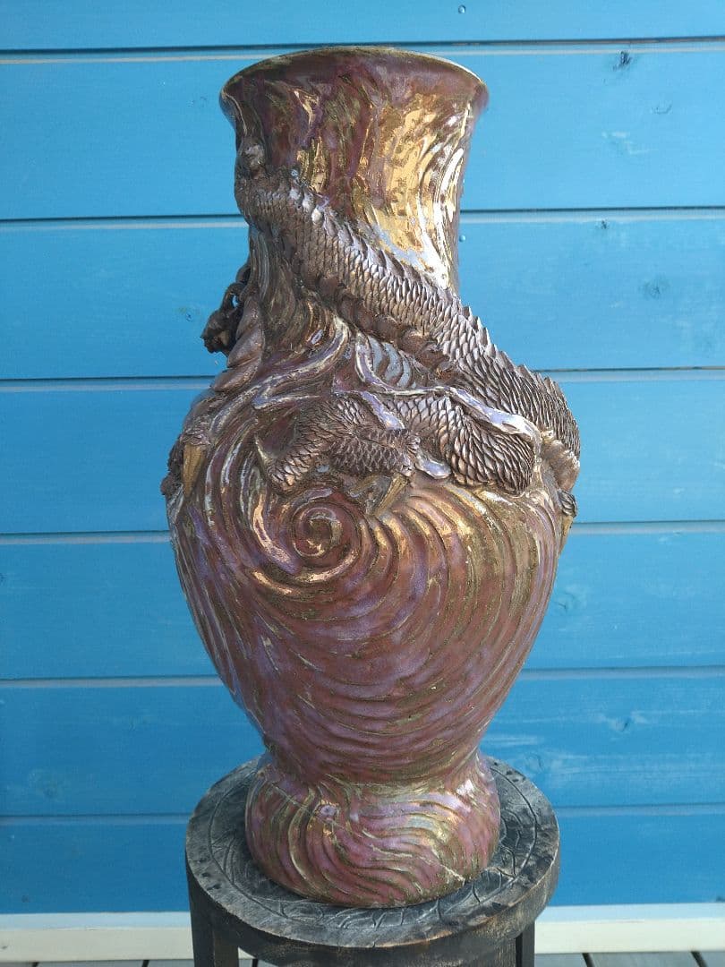 唐津焼巻龍塑型大花器A25、焼物の龍花瓶、骨董品、アンティーク、