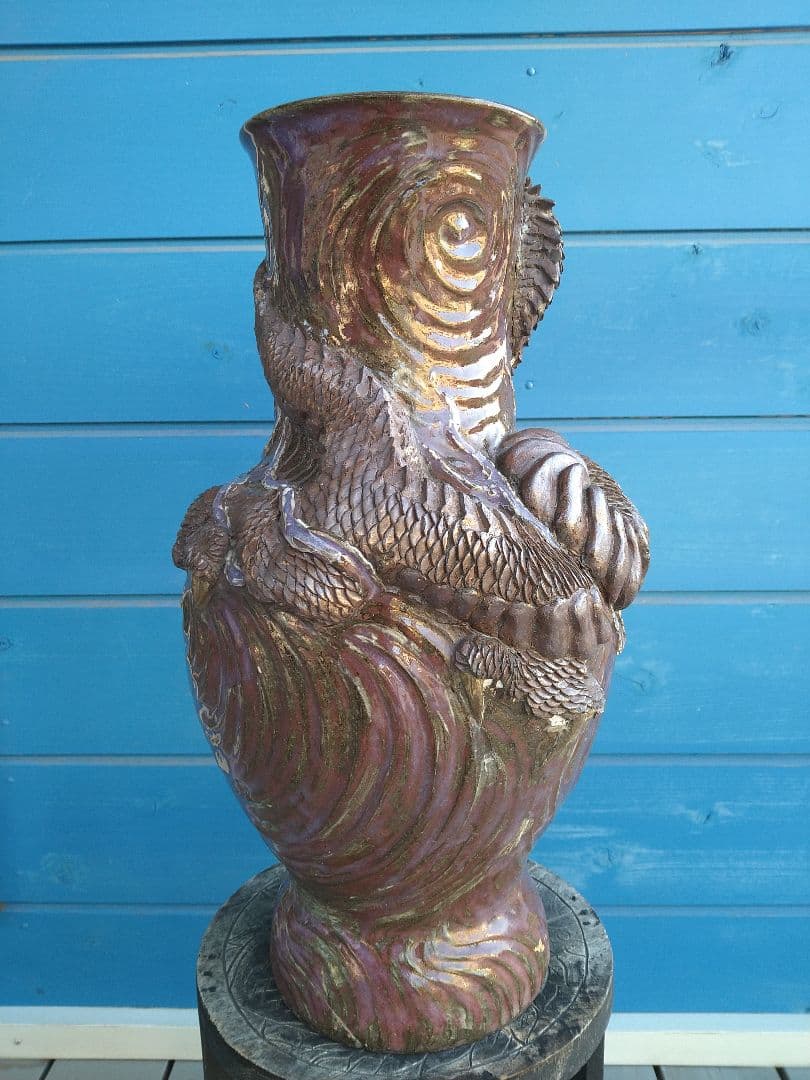 唐津焼巻龍塑型大花器A25、焼物の龍花瓶、骨董品、アンティーク、