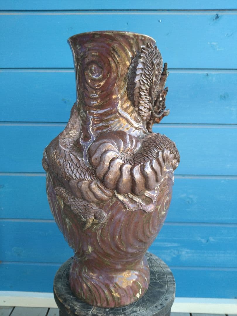 唐津焼巻龍塑型大花器A25、焼物の龍花瓶、骨董品、アンティーク、