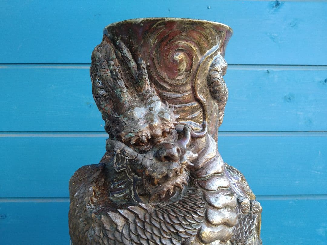 唐津焼巻龍塑型大花器A25、焼物の龍花瓶、骨董品、アンティーク、