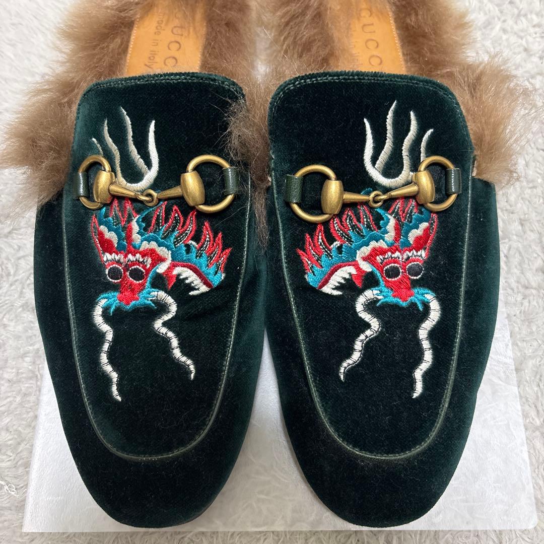 GUCCI ドラゴンワッペン ファーシューズ/サイズ7