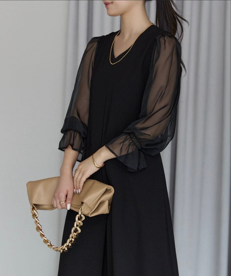 PREFERIR 結婚式 パーティー シアースリーブ Vネック Aラインドレス