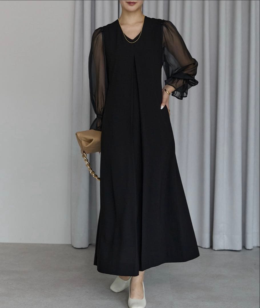 PREFERIR 結婚式 パーティー シアースリーブ Vネック Aラインドレス