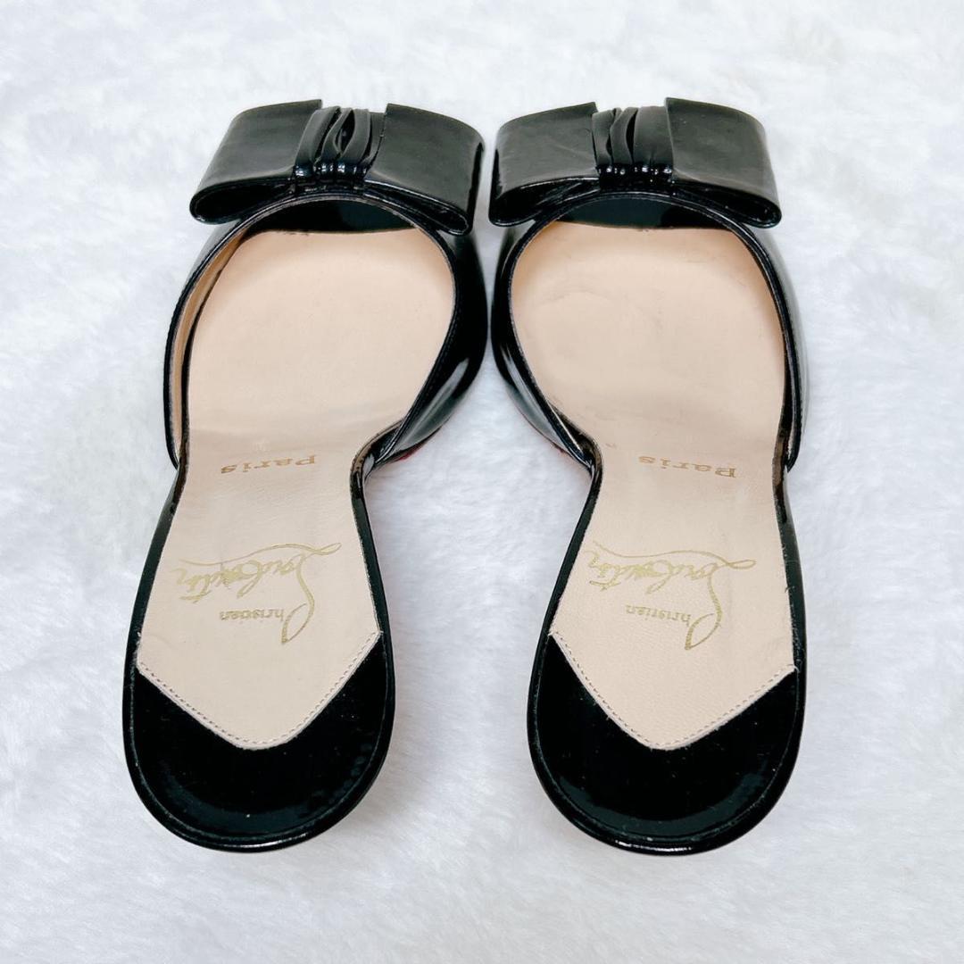 極美品☆箱保存袋付☆クリスチャンルブタン ミュール ブラック エナメル リボン