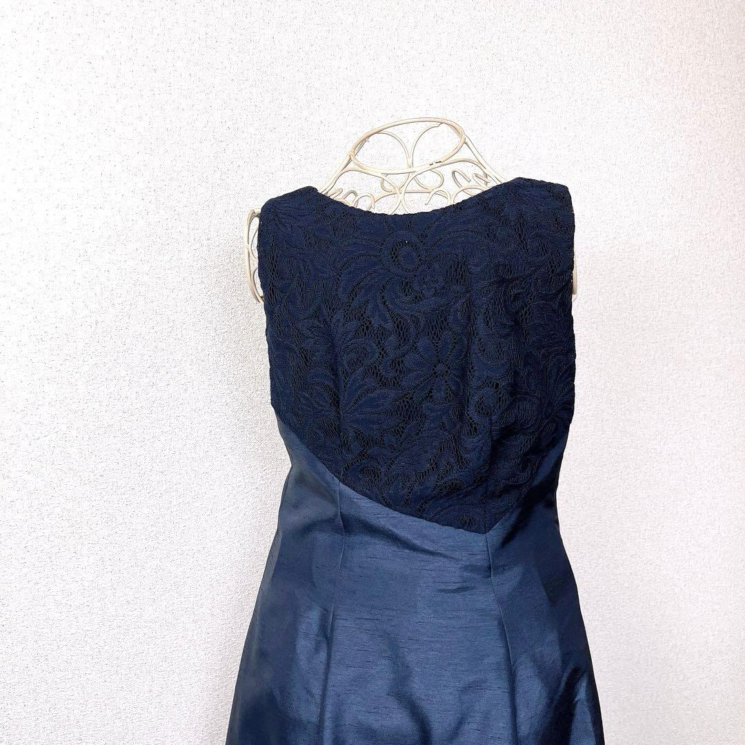 ロング マザーズ ドレス ネイビー シャンタン フォーマル ノースリーブ 7号