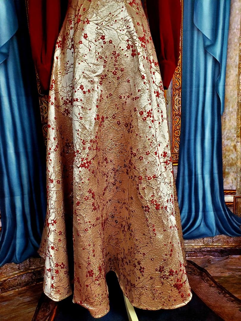 M【新品インポートセレクト】ベロアゴールドジャガードスクエアネック長袖秋冬ドレス