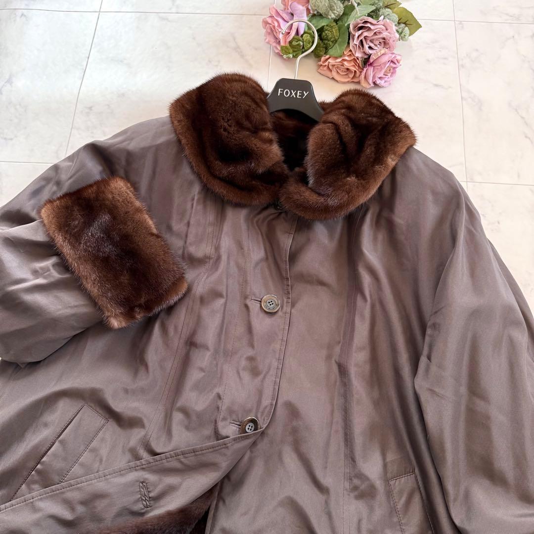 デミバフミンク トリミング 毛皮ライナー付き ロングコート Aライン 女優襟