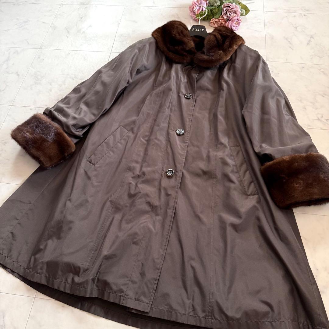 デミバフミンク トリミング 毛皮ライナー付き ロングコート Aライン 女優襟