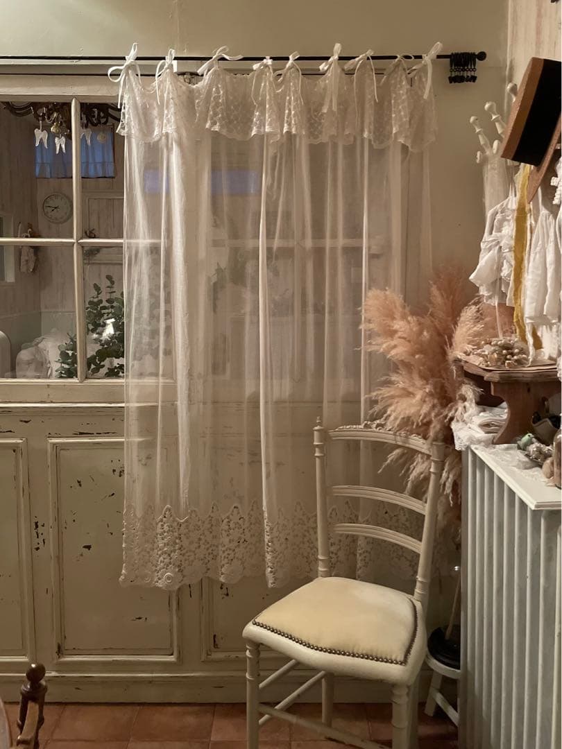 フランスアンティーク　手刺繍　レースカーテン