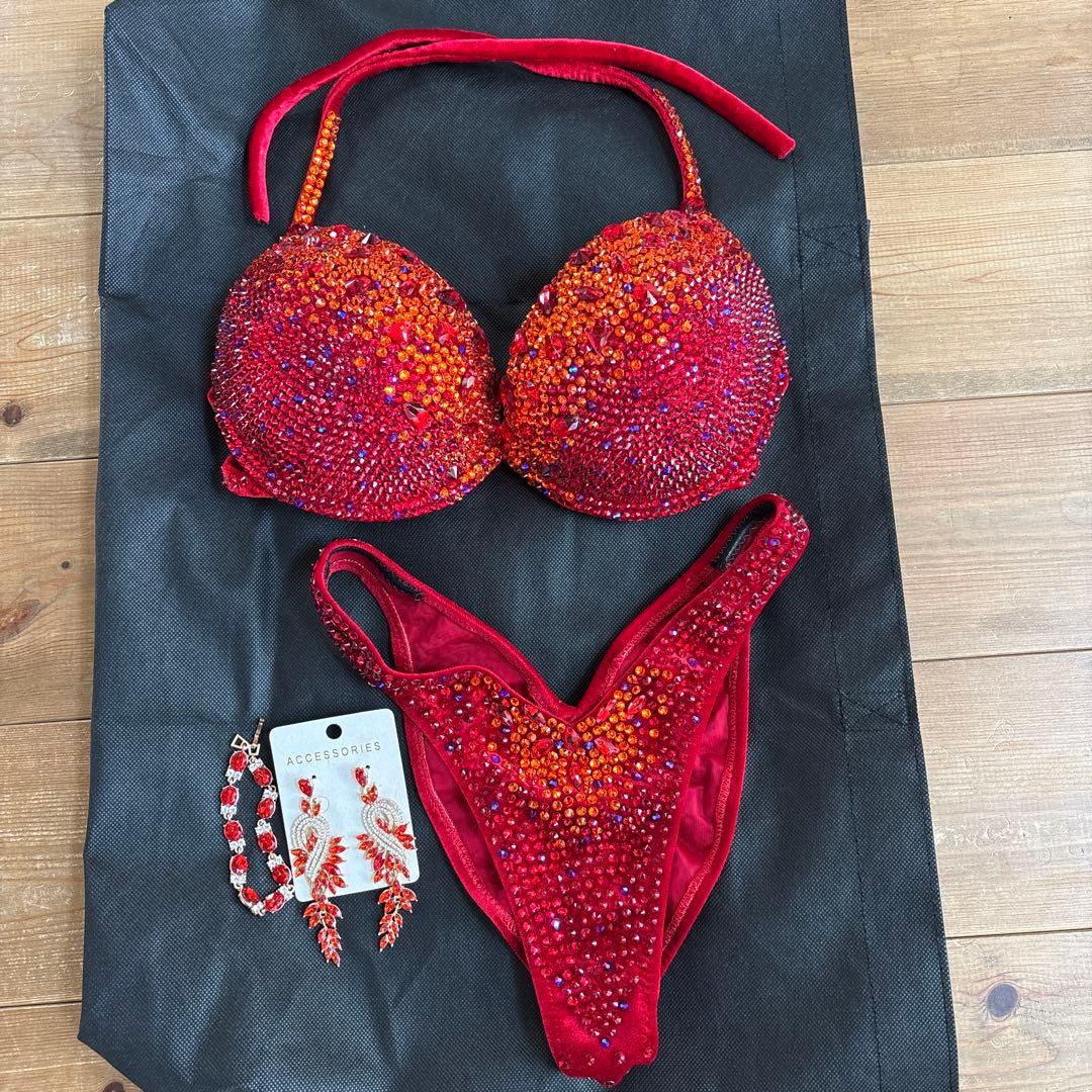 赤＋オレンジ　競技用ビキニ　Fitness JBBF ビキニフィットネス