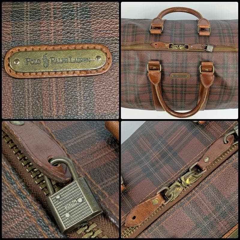 【希少色 】ポロラルフローレン ボストンバッグ ブラウン チェック柄 PVC