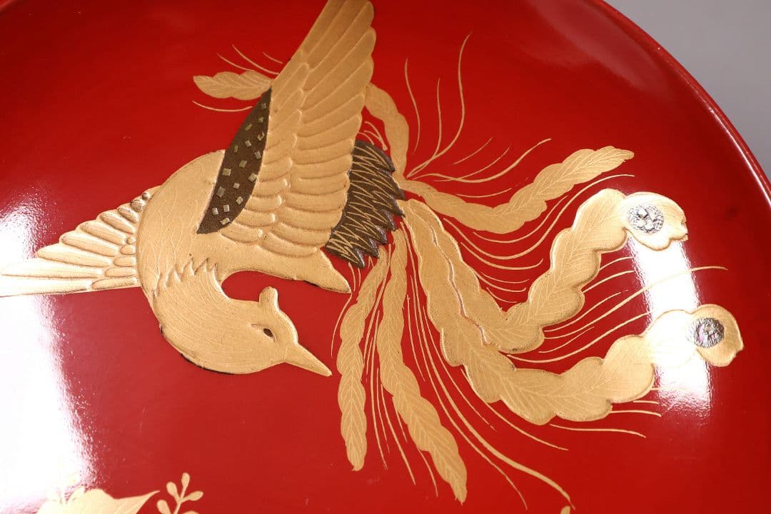 【CM244】時代木製漆器 桐鳳凰・菊 金蒔絵 朱塗 引盃 五客 木製漆器 小皿