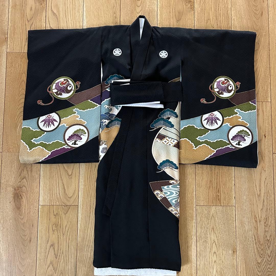 正絹　男の子お宮参り着物　産着　3歳七五三祝い着　黒　鷹刺繍　日本製